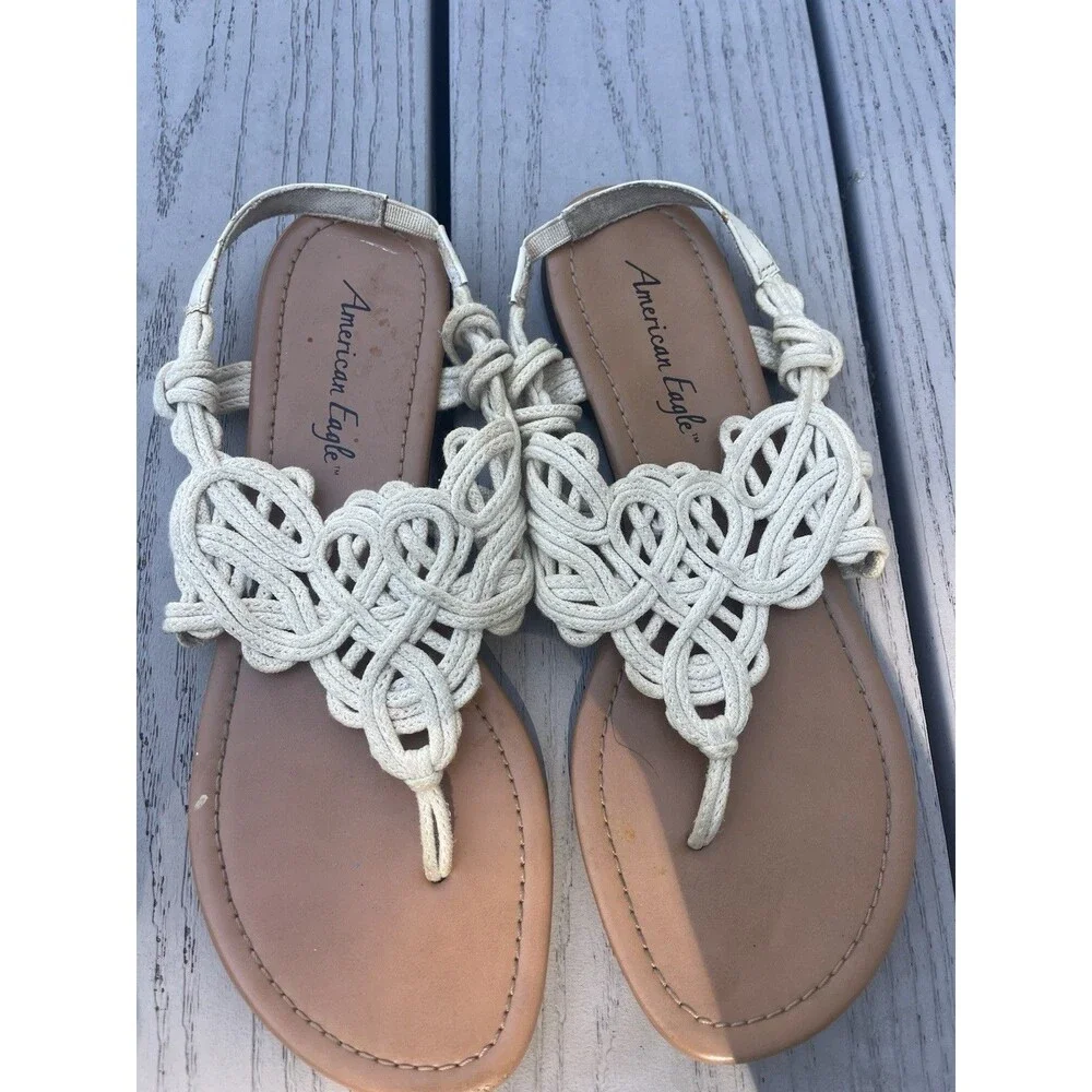American Eagle Women's Beige Braided Knot Thong Flat Slip-On Sandals Size 8.5